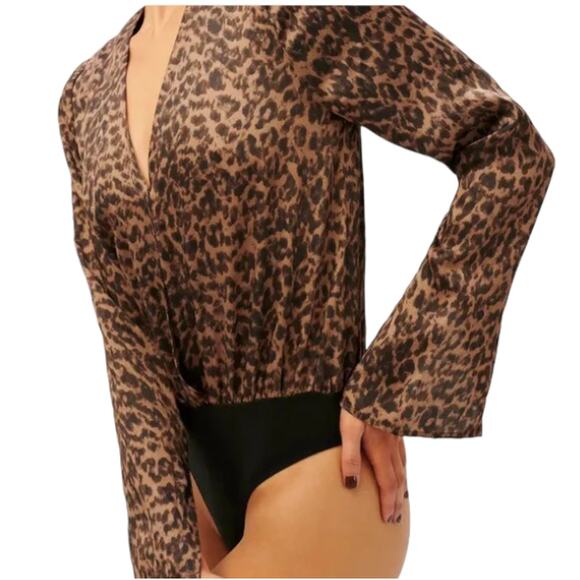 Good American NEW Sepia Leopard Faux Wrap Bodysuit Brown Black 1 or US Small - Picture 3 of 14